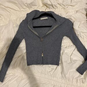 blue / grey cropped zip-up cardigan